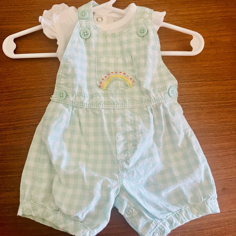 Carter's Light Green Gingham Overalls with Rainbow